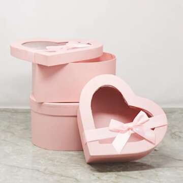 BBJ WRAPS Heart Shaped Boxes for Flowers Packaging with Transparent Window Lids Luxury Gift Box for Floral Arrangement, Set of 3(S/M/L) (Pink)