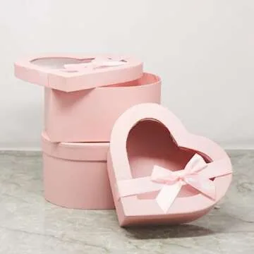 BBJ WRAPS Heart Shaped Boxes for Flowers Packaging with Transparent Window Lids Luxury Gift Box for Floral Arrangement, Set of 3(S/M/L) (Pink)