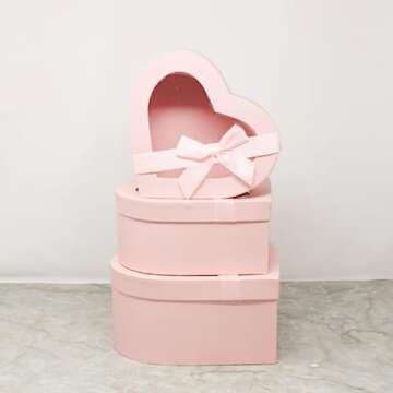 BBJ WRAPS Heart Shaped Boxes for Flowers Packaging with Transparent Window Lids Luxury Gift Box for Floral Arrangement, Set of 3(S/M/L) (Pink)