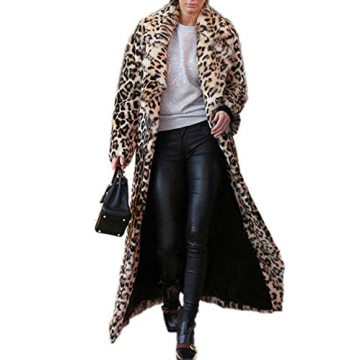DJBM Women's Sexy Elegant Vintage Leopard Print Faux Fur Long Maxi Coat Jacket