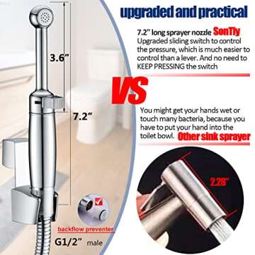 SonTiy Brass Handheld Bidet Sprayer for Toilet, All Metal Cloth Diaper Toilet Sprayer Bidet Attachment with Backflow Preventer, Adjustable Water Jet Spray, 7.2" Bidet Wand, Chrome
