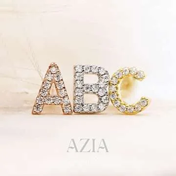 Azia Jewelry 925 Sterling Silver Stud Earrings For Women, 14k Gold Plated CZ Diamond Stud Sensitive Earrings Letter M, Rose Gold Color