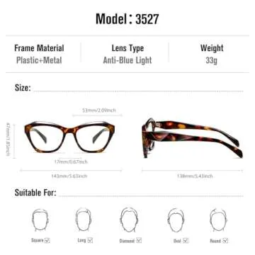kimorn Blue Light Blocking Glasses,Anti Eyestrain & UV Protection,Cat Eyes Frame Glasses for Women Men (Tortoiseshell)