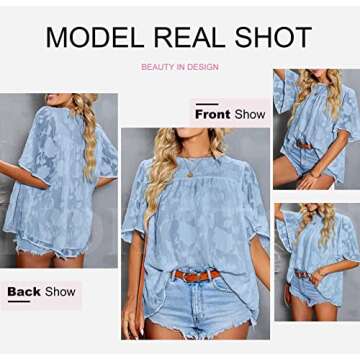 Dokotoo Womens Summer Tops 3/4 Bell Sleeve Plus Size Tops Floral Textured Babydoll Blue Blouses and Tops for Work Fashion 2023 Crewneck Oversized T-Shirts for Women X-Large
