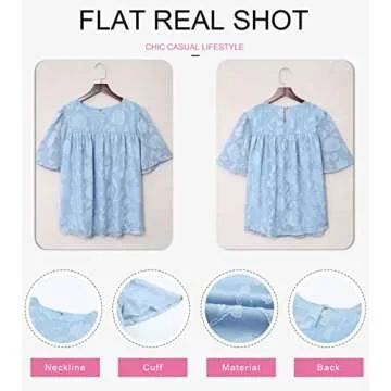 Dokotoo Womens Summer Tops 3/4 Bell Sleeve Plus Size Tops Floral Textured Babydoll Blue Blouses and Tops for Work Fashion 2023 Crewneck Oversized T-Shirts for Women X-Large