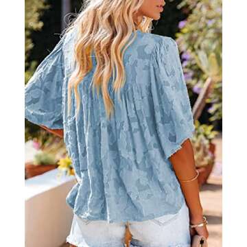 Dokotoo Womens Summer Tops 3/4 Bell Sleeve Plus Size Tops Floral Textured Babydoll Blue Blouses and Tops for Work Fashion 2023 Crewneck Oversized T-Shirts for Women X-Large