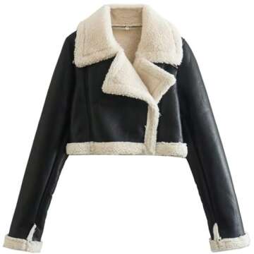 Faux Leather Jacket for Women Today'S Deals Cropped Sherpa Lined Jacket Coat Faux Shearing Fur Winte...