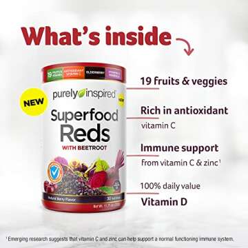 Purely Inspired Reds Superfood Powder Superfood Reds Powder with Beetroot - Vitamin C & Zinc for Immune Support, Vitamin D - 19 Fruits & Vegetables, Natural Berry Flavor (30 Servings)