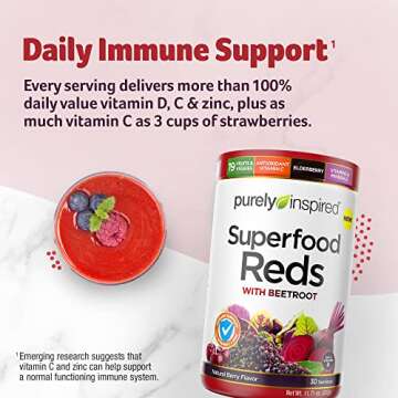 Purely Inspired Reds Superfood Powder Superfood Reds Powder with Beetroot - Vitamin C & Zinc for Immune Support, Vitamin D - 19 Fruits & Vegetables, Natural Berry Flavor (30 Servings)