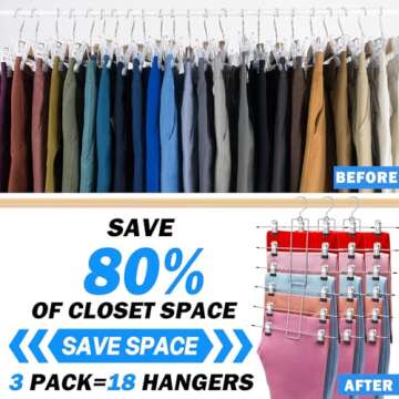 3 Pack Closet-Organizer-Pants-Hangers-Space-Saving,Metal Closet-Organizers-and-Storage,6 Tier Organization and Storage Short Skirt Hangers Cilp,Dorm Room Essentials for College Students Girls Boys Guy