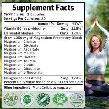 Magnesium Supplement with 9 Forms of High Absorption Magnesium: L-threonate, Glycinate, Citrate, Malate and More for Muscle, Brain Support, Non-GMO, Gluten & Soy Free, 60 Capsules