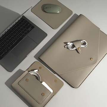 Benfan PU Leather Laptop Sleeve 16 Inch Compatible with New MacBook Pro 16 A2991 A2780, MacBook Pro 15, Surface Book 15, Dell XPS 15 with Small Pouch, Mouse Pad and Cord Organizer Color Khaki