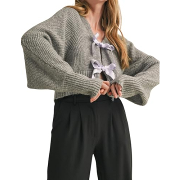 Chic Esmeling Women's Long Sleeve Bow Tie Crop Cardigan