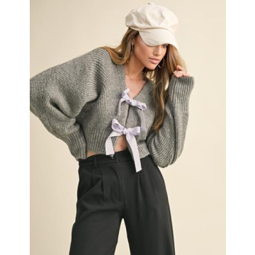 Chic Esmeling Women's Long Sleeve Bow Tie Crop Cardigan