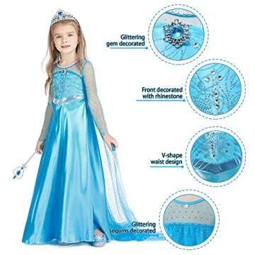 Gridamea Elsa Dress Up for Girls - Anna Princess Costume for Kids with Crown,Wand,Gloves for Party/Cosplay/Wedding 3-10 Years