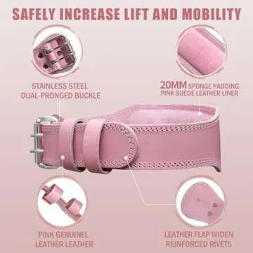 Jaffick Weight Lifting Belt For Ladies (4" Wide) - 100% Pink Leather Gym Belts Lower Waist Back Support For Women Men Fitness Squat Deadlift Heavy Duty Cross Training Gym Powerlifting Workout