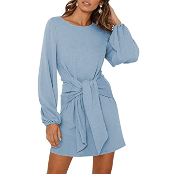 elowin Womens Crewneck Knitted Sweater Mini Dresses Long Puff Sleeve Tie Waist Slim Fit Bodycon Dres...