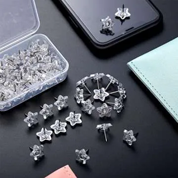 100 Pieces Star Shaped Push Pins Plastic Clear Thumb Tacks Star Pushpins Drawing Pins with Plastic Box for Cork Board Steel Point Decorative Thumbtacks to Fix Photo Map Poster, Home School Office Use