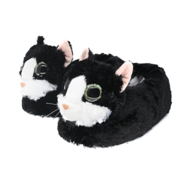 Indoor Fuzzy Winter Animal Cat Plush Soft Slippers for Women (US Women Size 7-9, Black)