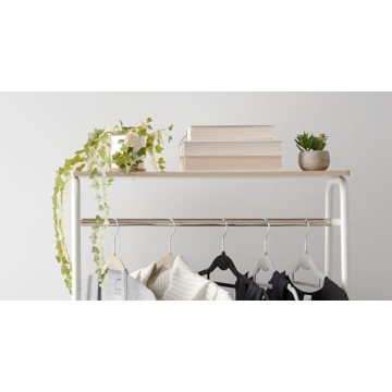 Stylish IRIS USA Clothes Rack with Wood Shelves