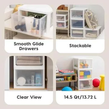 IRIS USA 14.5 Qt. Plastic Drawer Storage Organizer Stacking Drawers, 3-Pack, Stackable Unit with Sliding Drawer for Clothes Bedroom Kitchen Under Sink Pantry Craft Room Bathroom Dorm Office, White