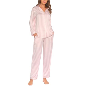 Ekouaer Silk Satin Pajamas Women's Long Sleeve Pj Set Soft Button Down 2 Piece Sleepwear Loungewear ...