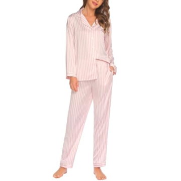 Ekouaer Silk Satin Pajamas Women's Long Sleeve Button Down Set