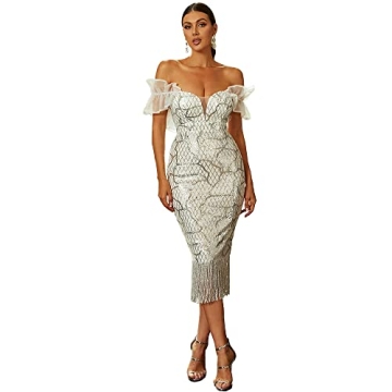 Stunning Lin Lin Q Sequin Fringe Off Shoulder Dress