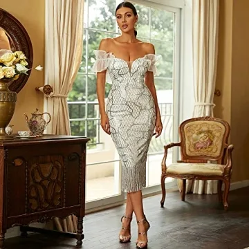 Stunning Lin Lin Q Sequin Fringe Off Shoulder Dress