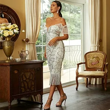 Stunning Lin Lin Q Sequin Fringe Off Shoulder Dress