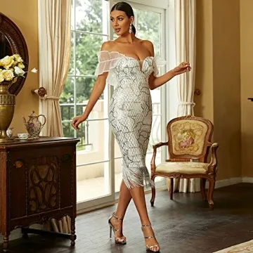 Stunning Lin Lin Q Sequin Fringe Off Shoulder Dress