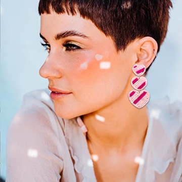 Valentine’s Day Earrings Beaded Earrings for Women Beaded Heart Earrings Pink Red Heart Seed Bead Earrings Statement Dangle Earrings Valentine’s Gift (Pink)