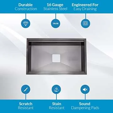 Strictly Sinks Undermount Workstation Black Kitchen Sink – 32 Inch 16 Gauge Single Bowl Kitchen Si...