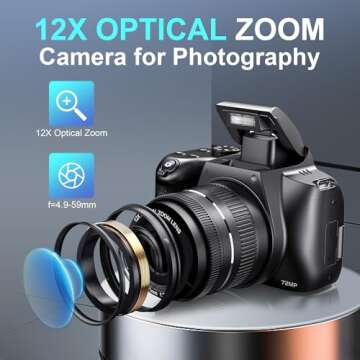 Cameras for Photography, 12X Optical Zoom 4K Digital Camera with WiFi & App Control, 72MP Vlogging C...