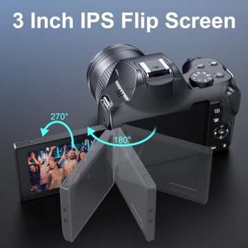Cameras for Photography, 12X Optical Zoom 4K Digital Camera with WiFi & App Control, 72MP Vlogging Camera with 180° Flip Screen, Auto Focus, Dual Batteries, 59mm Wide Angle & Macro Lens, 32GB SD Card