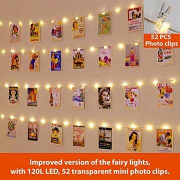 HXWEIYE 120LEDs Photo String Light, Warm White 40Ft Fairy Light with 52 Clear Clips & 12 Hooks on Wa...