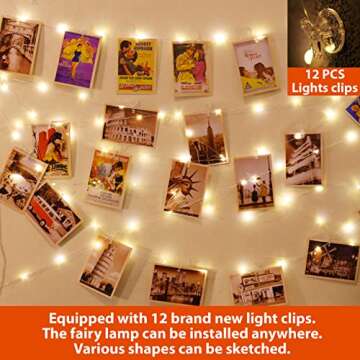 HXWEIYE 120LEDs Photo String Light, Warm White 40Ft Fairy Light with 52 Clear Clips & 12 Hooks on Wall, Timer & 8 Modes USB Powered Copper Wire Light for Hanging Picture, Bedroom Party