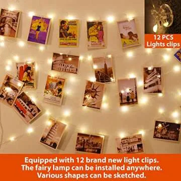 HXWEIYE 120LEDs Photo String Light, Warm White 40Ft Fairy Light with 52 Clear Clips & 12 Hooks on Wall, Timer & 8 Modes USB Powered Copper Wire Light for Hanging Picture, Bedroom Party