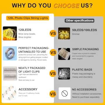 HXWEIYE 120LEDs Photo String Light, Warm White 40Ft Fairy Light with 52 Clear Clips & 12 Hooks on Wall, Timer & 8 Modes USB Powered Copper Wire Light for Hanging Picture, Bedroom Party