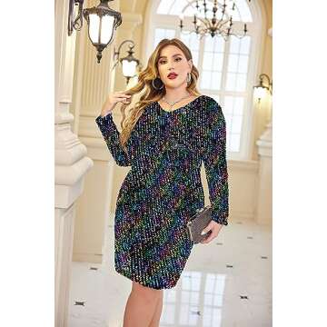 IN'VOLAND Womens Sequin Dress Plus Size V Neck Party Cocktail Sparkle Glitter Evening Stretchy Mini ...