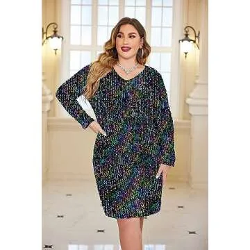 IN'VOLAND Womens Sequin Dress Plus Size V Neck Party Cocktail Sparkle Glitter Evening Stretchy Mini Bodycon Dresses Multicoloured