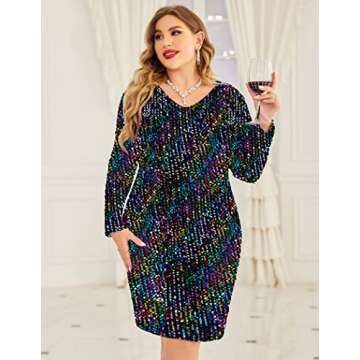 IN'VOLAND Womens Sequin Dress Plus Size V Neck Party Cocktail Sparkle Glitter Evening Stretchy Mini Bodycon Dresses Multicoloured