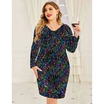IN'VOLAND Womens Sequin Dress Plus Size V Neck Party Cocktail Sparkle Glitter Evening Stretchy Mini Bodycon Dresses Multicoloured