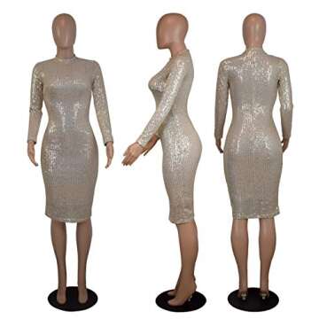 acelyn Womens Sexy Long Sleeve Sequins Glitter Bodycon Midi Dress Sparkle Tunic Nightclub Cocktail Dress Khaki L