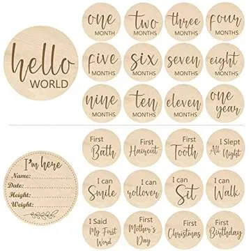 Baby Milestone Cards Wooden Monthly Cards and Infant First, Double Sided Engraved Photo Prop Discs,G...