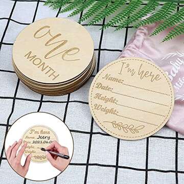 Baby Milestone Cards Wooden Monthly Cards and Infant First, Double Sided Engraved Photo Prop Discs,Gift Set for Baby Shower and Newborn,Come with Velvet Gift Bag (Round style2)