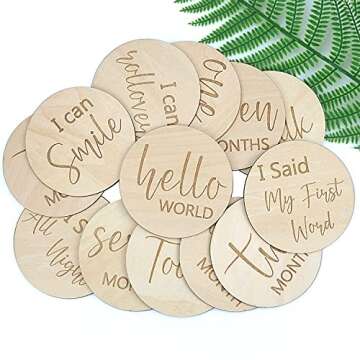 Baby Milestone Cards Wooden Monthly Cards and Infant First, Double Sided Engraved Photo Prop Discs,Gift Set for Baby Shower and Newborn,Come with Velvet Gift Bag (Round style2)