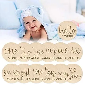 Baby Milestone Cards Wooden Monthly Cards and Infant First, Double Sided Engraved Photo Prop Discs,Gift Set for Baby Shower and Newborn,Come with Velvet Gift Bag (Round style2)
