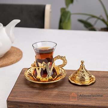 Alisveristime Handmade Turkish Tea Water Zamzam Serving Set Glasses Saucer, Tray and Spoon (Gold)