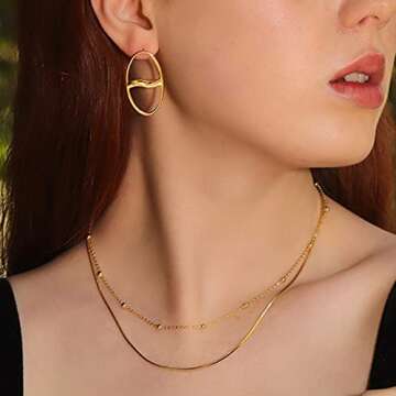 NECOCY Gold Herringbone Necklace For Women,Layered Gold Necklaces,Dainty 14k Gold Plated Necklace Stack,Chain Choker Beaded Snake Simple Necklace,Gold Jewelry Gift for Women